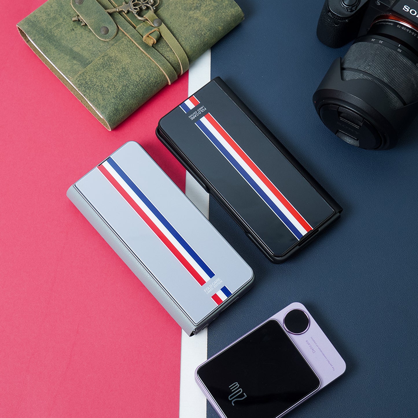 Galaxy Z Fold4 Luxury Colored Strap Glass Flip Case