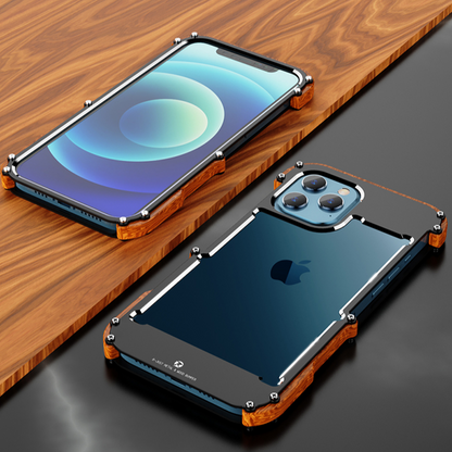 iPhone 13 Pro Max - R-Just Aluminium & Natural Wood Anti-shock Bumper Case