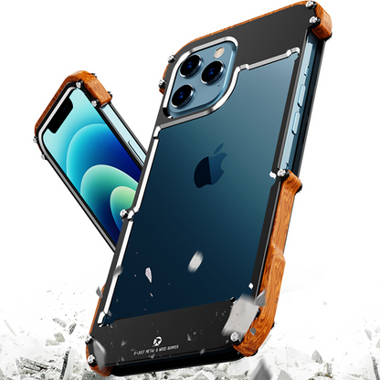 iPhone 13 Pro Max - R-Just Aluminium & Natural Wood Anti-shock Bumper Case