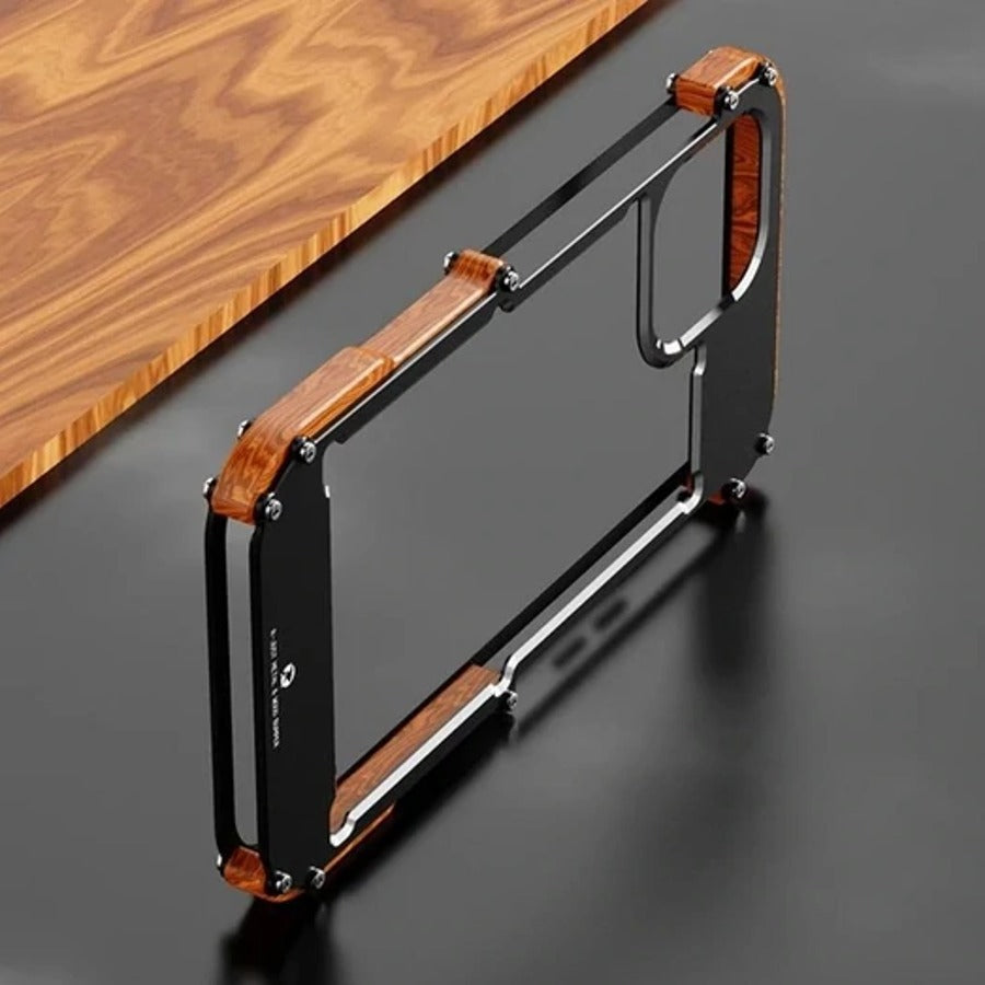 iPhone 14 Pro Max R-Just Aluminium Natural Wood Anti Shock Bumper Case