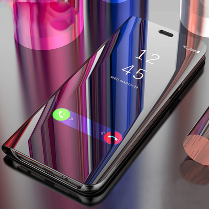 Galaxy A7 2018 (3 in 1 Combo) Mirror Clear Flip Case + Tempered Glass + Earphones [Non Sensor]
